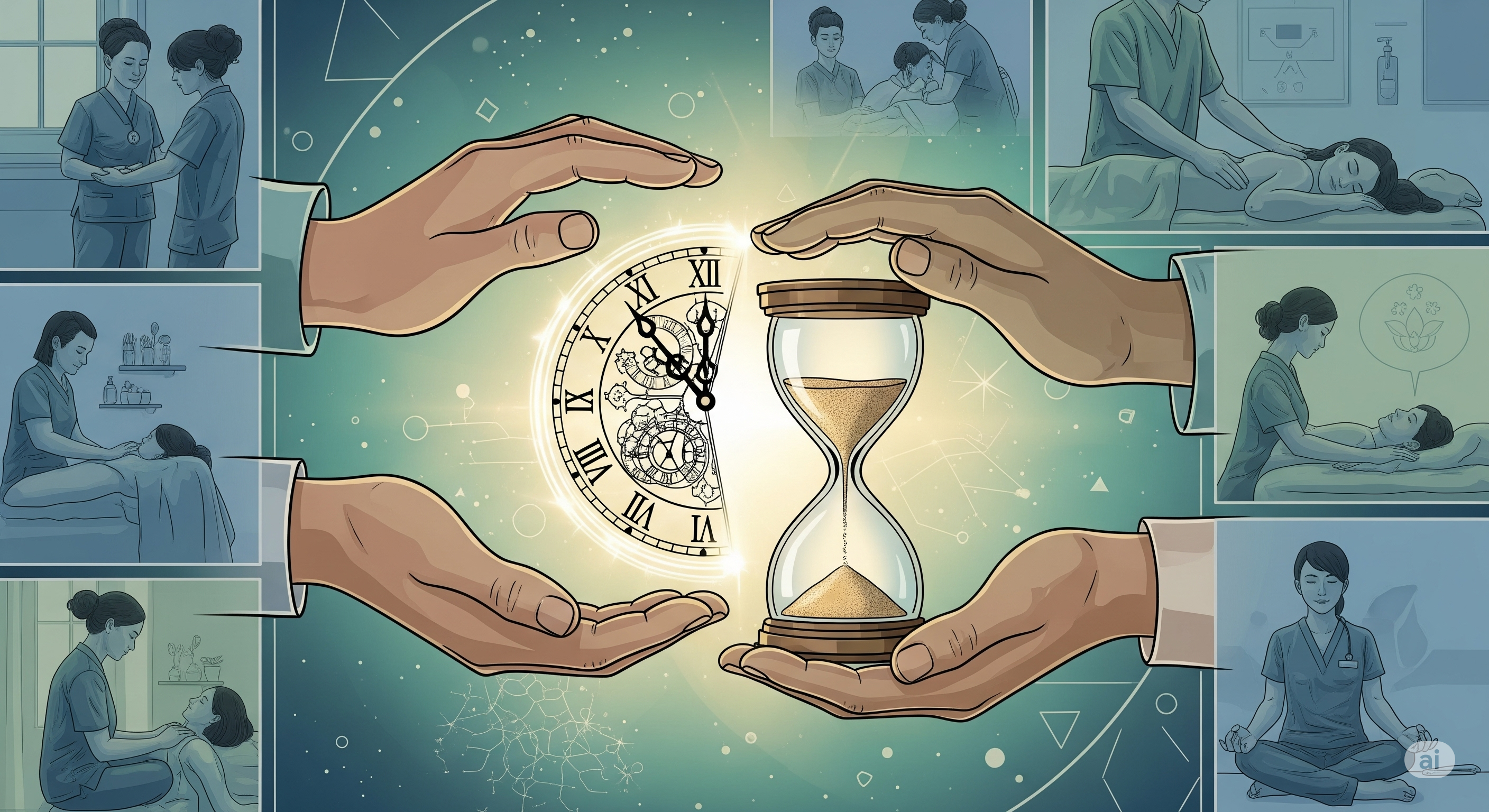 Manos intercambiando tiempo en un reloj de arena.